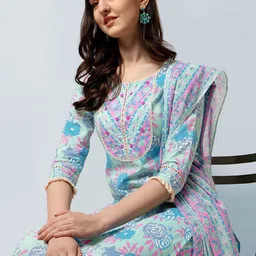 KALINI Women Plus Size Green Floral Kurta with Trousers & With Dupatta image 5