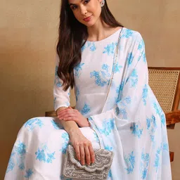 DSK STUDIO Floral Printed Boat Neck Three-Quarter Sleeves Anarkali Kurta with Dupatta image 2