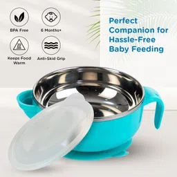 meemee Stay Warm Baby Steel Bowl with Suction Base (Blue)- Steel image 3