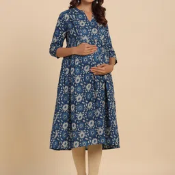 CRAFIQA Floral Printed Indigo Mandarin Collar Pure Cotton Maternity Kurta-picture-17