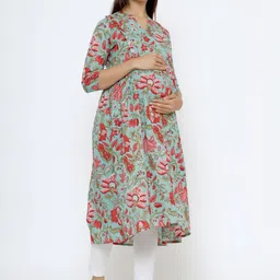 CRAFIQA Blue Ethnic Motifs Printed Maternity & Nursing Cotton Anarkali Kurta image 4