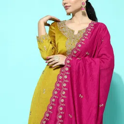 Sangria Yellow & Pink Floral Sequinned Embroidered Straight Kurta With Palazzo & Dupatta-picture-16