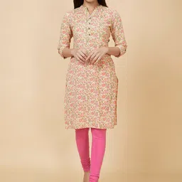 Globus Yellow Floral Printed Band Collar Pure Cotton Kurta-picture-35