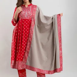 NAYRAH Women Red Ethnic Motifs Printed Pleated Kurta with Trousers & With Dupatta image 1