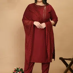 prettyplus by desinoor.com PrettyPlus by Desinoor com Women Maroon Ethnic Motifs Beads and Stones Kurta with Trousers & With Dupatta-picture-30