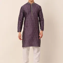 Jompers Men Purple Ethnic Motifs Thread Work Kurta with Churidar-image-5
