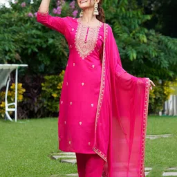 Indo Era Floral Embroidered Thread Work Kurta with Trousers & Dupatta-image-66