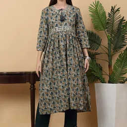 KALINI Floral Printed Round Neck Three-Quarter Sleeves Kurta Set image 1