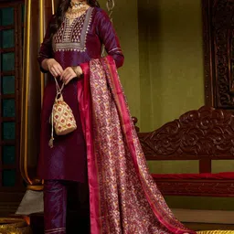 Sangria Purple Ethnic Motifs Embroidered Straight Kurta & Trouser With Dupatta image 1