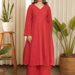 OneWe Ethnic Motifs Self Design Pure Cotton Anarkali Kurta with Trousers-picture-30