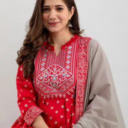 NAYRAH Women Red Ethnic Motifs Printed Pleated Kurta with Trousers & With Dupatta image 2