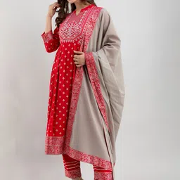 NAYRAH Women Red Ethnic Motifs Printed Pleated Kurta with Trousers & With Dupatta image 4