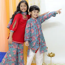 VASTRAMAY Girls Printed Regular Kantha Work Pure Cotton Kurti with Palazzos & With Dupatta-picture-31