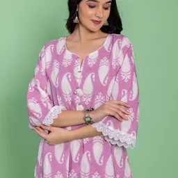 KASYA Notched Neck Flared Sleeves Paisley Printed Cotton A Line Kurta with Palazzo image 2