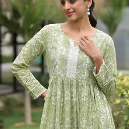 Divena Floral Printed Thread Work Pure Cotton A-Line Kurta With Trousers & Dupatta image 5