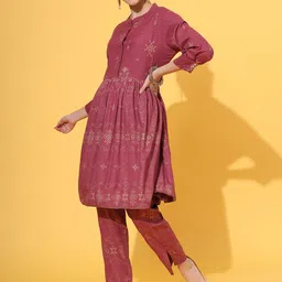 JAIPUR PRIME Ethnic Motifs Printed Mandarin Collar A-Line Kurta with Trousers-image-80