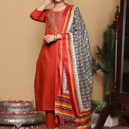 Varanga Rust Floral Embroidered Thread Work Kurta With Trousers & Dupatta-image-70