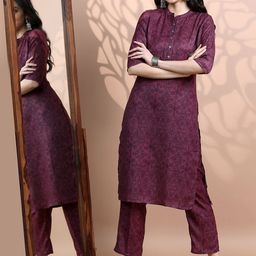 Vishudh Women Faux Pashmina Ethnic Motifs Printed Mandarin Collar Kurta with Trousers-picture-34