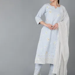AHIKA Women Floral Embroidered Sequinned Pure Cotton Kurta with Trousers & Dupatta-picture-26