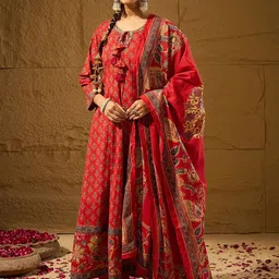 Anouk Red Floral Printed Panelled Sequinned Pure Cotton Kurta With Trousers & Dupatta-picture-37