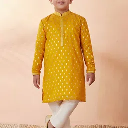 Manyavar Teens Boys Mustard Yellow Floral Printed Chanderi Silk Kurta with Pyjama-picture-30