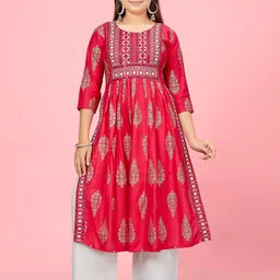 Aarika Girls Ethnic Motifs Printed Sequinned Pure Cotton Pleated A-Line Kurta With Palazzo-picture-37