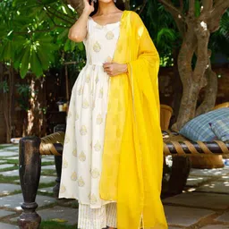 Ambraee Women White & Yellow Ethnic Motifs Printed Kurta with Trousers & With Dupatta-image-77