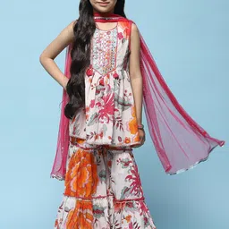 Biba Girls Floral Printed Pure Cotton Straight Kurta With Sharara & Dupatta-picture-28