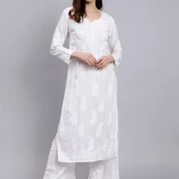 Seva Chikan Floral Embroidered Lucknowi Chikankari Straight Kurta with Palazzo-picture-14