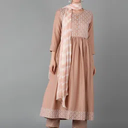 AHIKA Women Beige Floral Embroidered Sequinned Kurta with Trousers & Dupatta-picture-31
