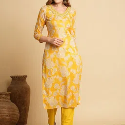 FASHOR Women Floral Printed Regular Mirror Work Pure Cotton Kurta with Trousers-image-15