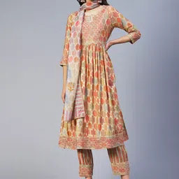 FASHOR Women Embroidered Pleated Sequinned Kurta with Trousers & With Dupatta-image-32