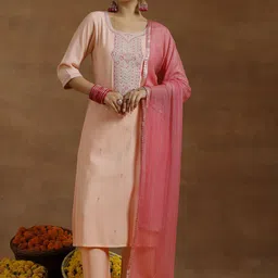 Libas Women Floral Embroidered Regular Sequinned Kurta with Trousers & With Dupatta-image-40