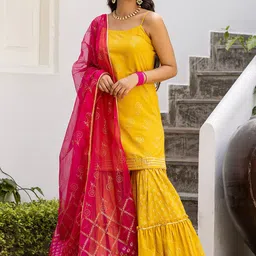 Ambraee Women Mustard Yellow Floral Printed Kurta with Sharara & Dupatta-image-54