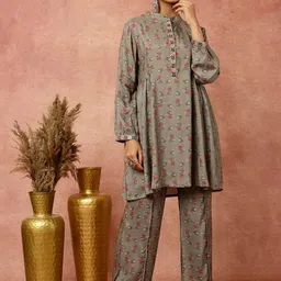 Jaipur Kurti Grey Ethnic Motifs Printed Kurta with Palazzos-picture-19