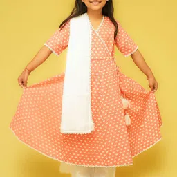 Klephant Girls Floral Printed Angrakha Pure Cotton Kurta With Palazzos & Dupatta-picture-34