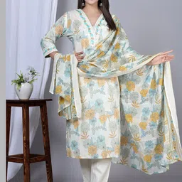 IKRASS Floral Embroidered Sequinned Pure Cotton Kurta With Trousers And Dupatta-picture-21