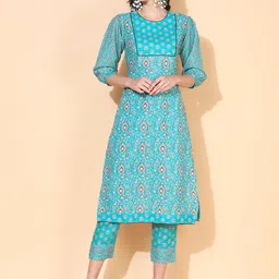 FASHOR Women Turquoise Blue Floral Printed Linen Kurta with Trousers-picture-25