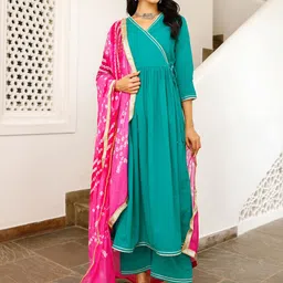 Ambraee Women Green Angrakha Kurta with Trousers & With Dupatta-picture-20