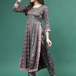 Sangria Printed & Embroidered A Line Kurta With Trouser Set-picture-11