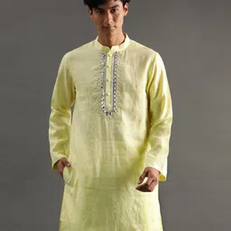 BYB PREMIUM Yoke Design Linen Mandarin Collar Thread Work Kurta with Pyjamas-image-26