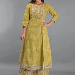 EtnicaWear Women Green Ethnic Motifs Printed Gotta Patti Pure Cotton Kurta with Palazzos-image-7