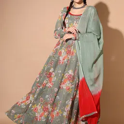 Cation Floral Printed Maxi Dress With Dupatta-picture-23