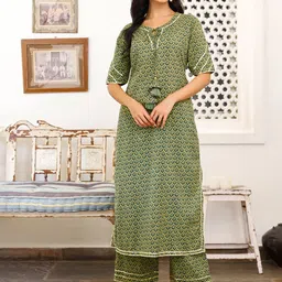 Ambraee Women Green Ethnic Motifs Printed Kurta with Trousers-image-10