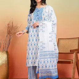 IKRASS Floral Printed Gotta Patti Pure Cotton Straight Kurta with Trousers & Dupatta-image-29