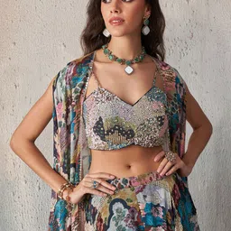 ALIZEH Khatli Work Multi Color Blouse With Printed Sharara And Cape image 4