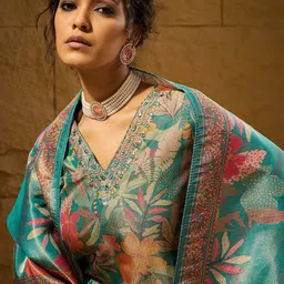 Anouk Green Floral Printed V-Neck Mirror Work Straight Kurta With Trousers & Dupatta image 5