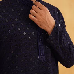 SOJANYA Geometric Embroidered Mandarin Collar Sequinned Pure Cotton Kurta with Churidar image 3