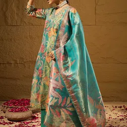 Anouk Green Floral Printed V-Neck Mirror Work Straight Kurta With Trousers & Dupatta image 4