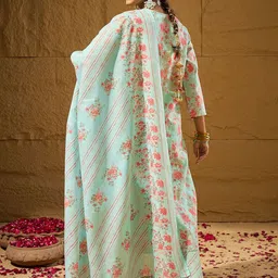 Anouk Blue Floral Printed V-Neck Sequinned Pure Cotton Straight Kurta & Trousers & Dupatta image 4